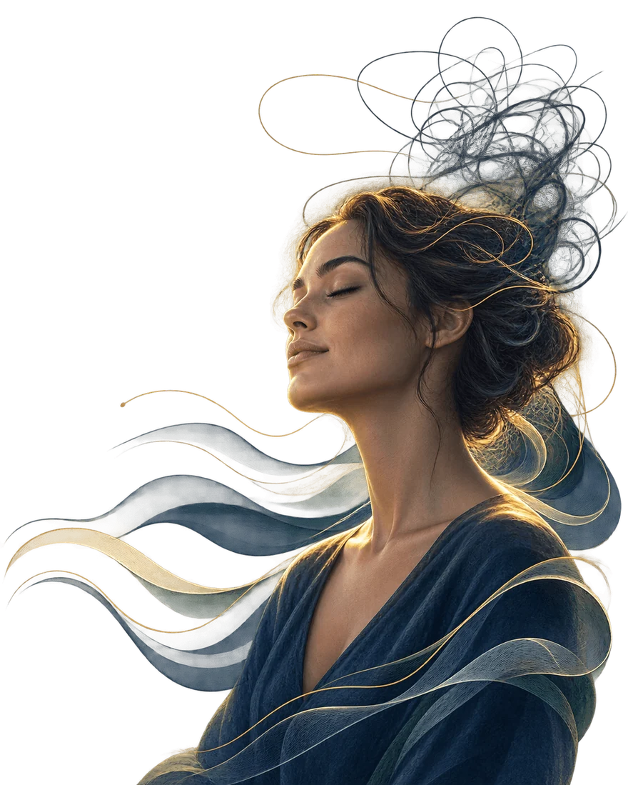 Illustration of a woman resting peacefully with flowing sleep and mind ribbons