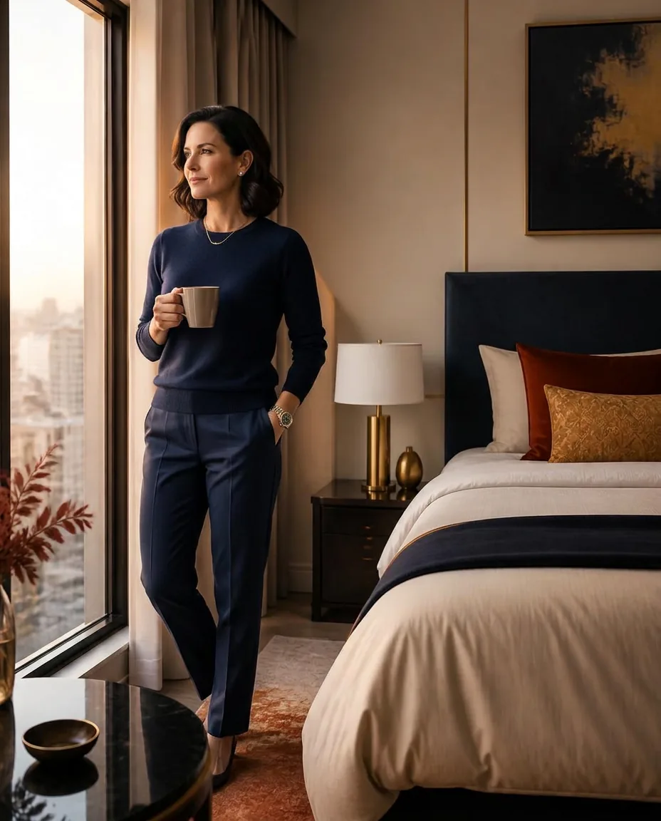 A successful woman standing calmly by a sunlit bedroom window in the early morning, holding a warm cup