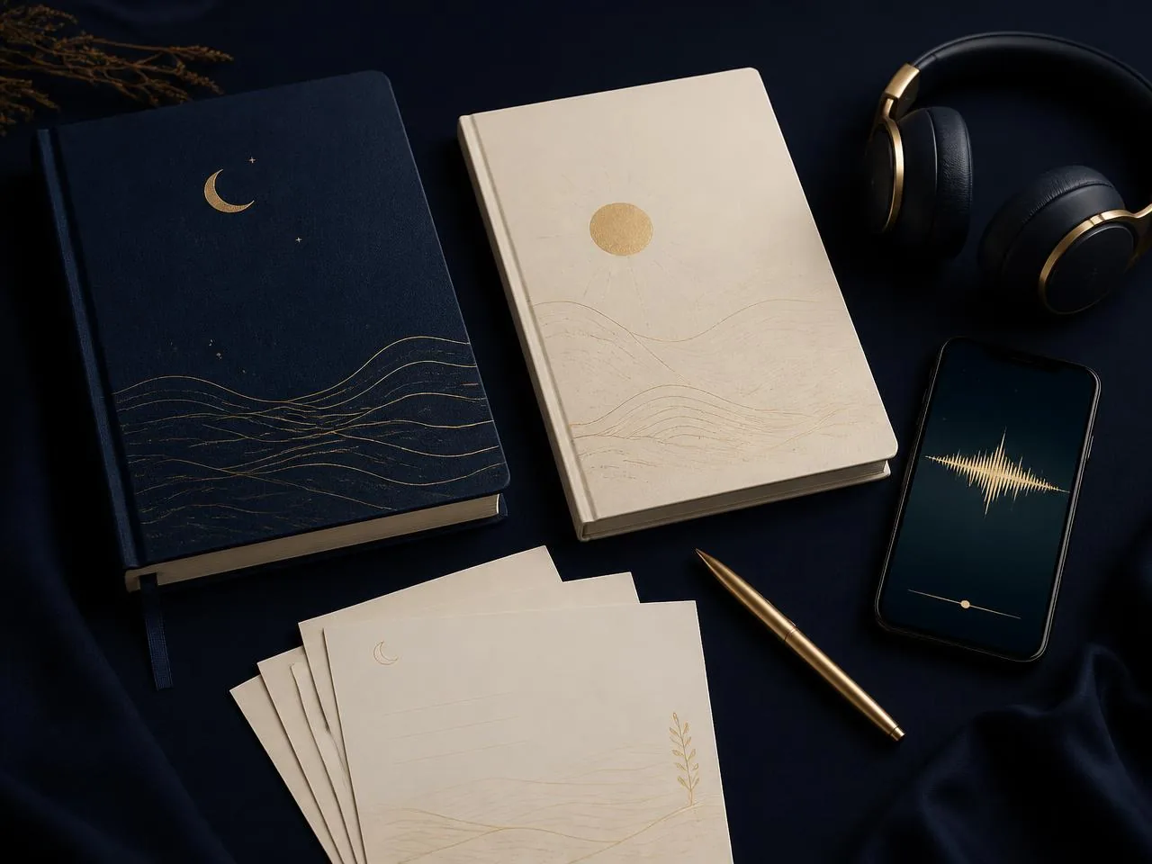 A navy sleep journal, cream workbook, headphones, pen and reflection sheets arranged on a dark surface